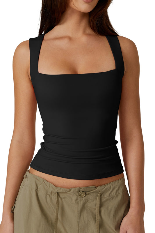 QINSEN Women's Square Neck Sleeveless Double-Layer Tank Tops Basic Tight T Shirts