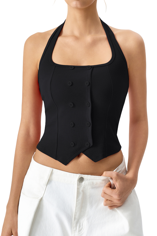 QINSEN Sleeveless Tank Top for Womens Halter Neck Button Trim Slim Fit Cropped Tee Shirt Y2k Vest Top
