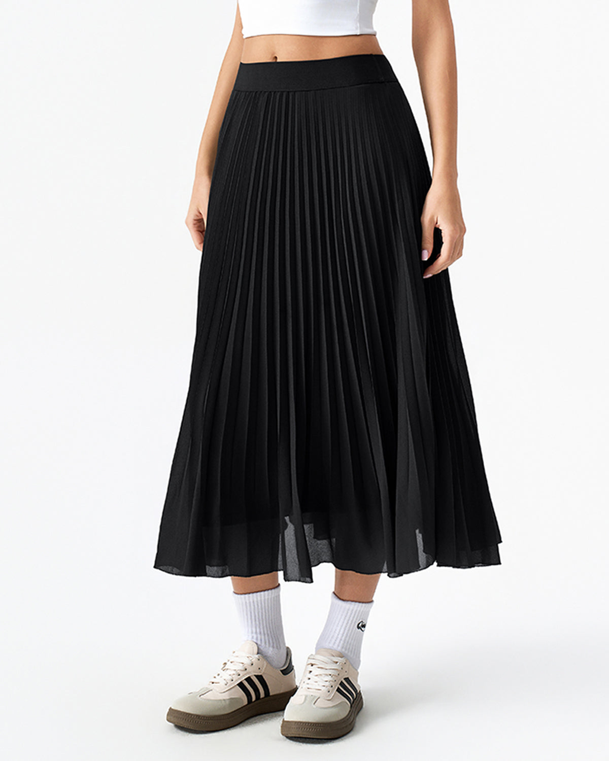 QINSEN Women's Elegant Flowy Pleated Chiffon Skirts A-line Swing Midi Skirts Elastic Waist Soft Linging