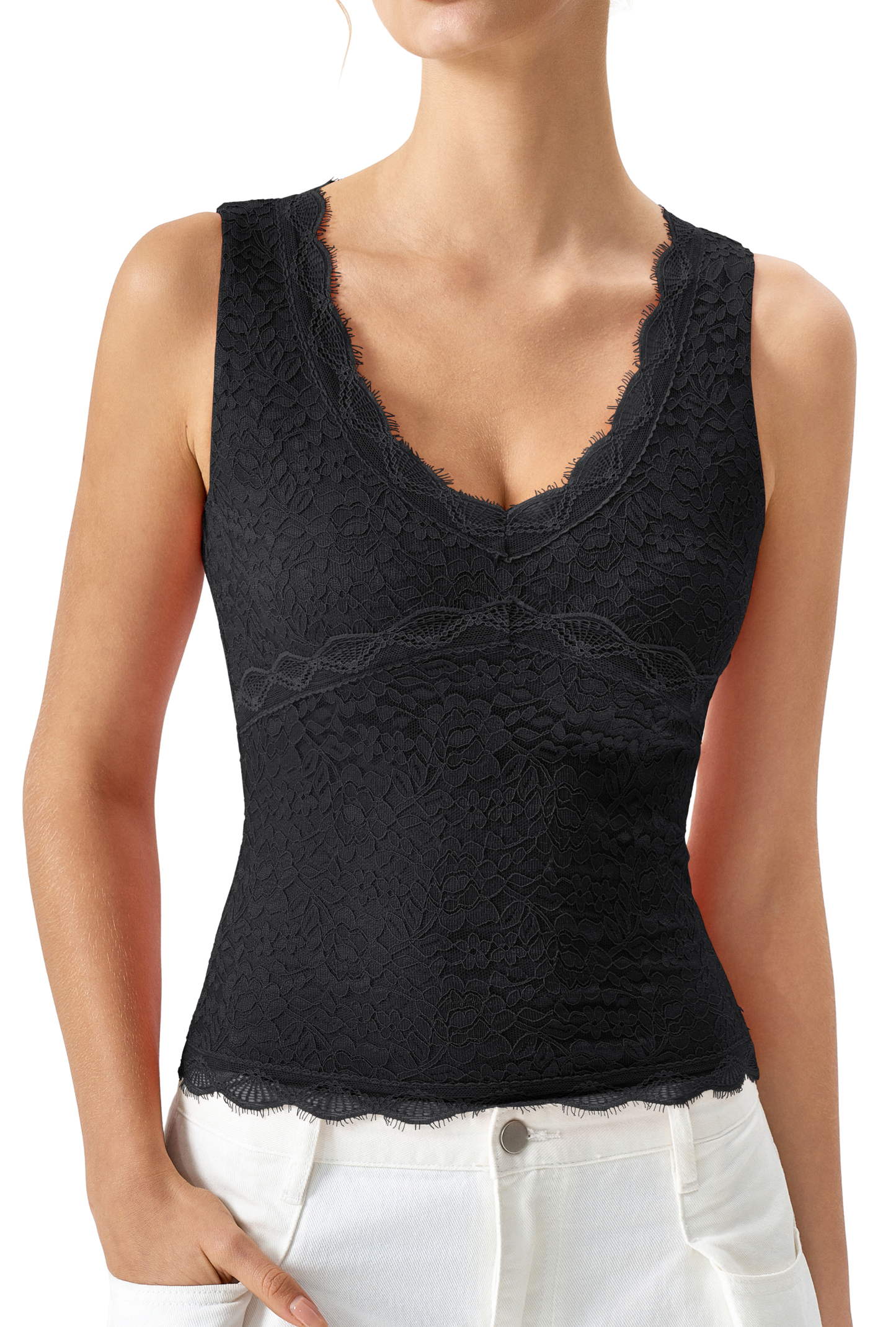 QINSEN Womens Lace Trim Tank Top V Neck Double Layered Basics Slimming Fit Going Out Summer Tops