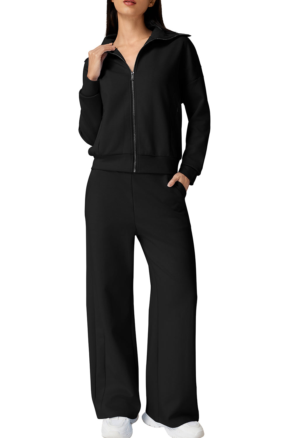 QINSEN Women's Cotton 2 Piece Outfits Lapel Long Sleeve Zip Up Sweatshirt Wide Leg Pants Matching Tracksuit Sets