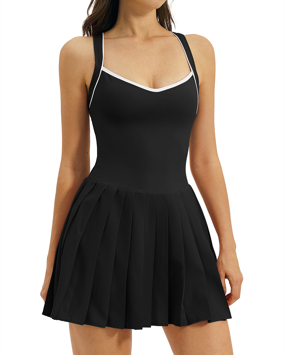 QINSEN Womens V Neck Pleated Tennis Dresses Built in Shorts Cross Back Sleeveless Athletic Dress with Pockets