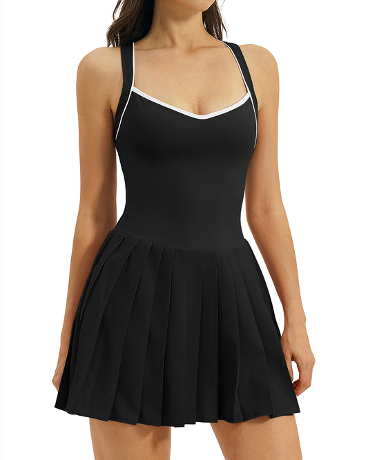QINSEN Womens V Neck Pleated Tennis Dresses Built in Shorts Cross Back Sleeveless Athletic Dress with Pockets