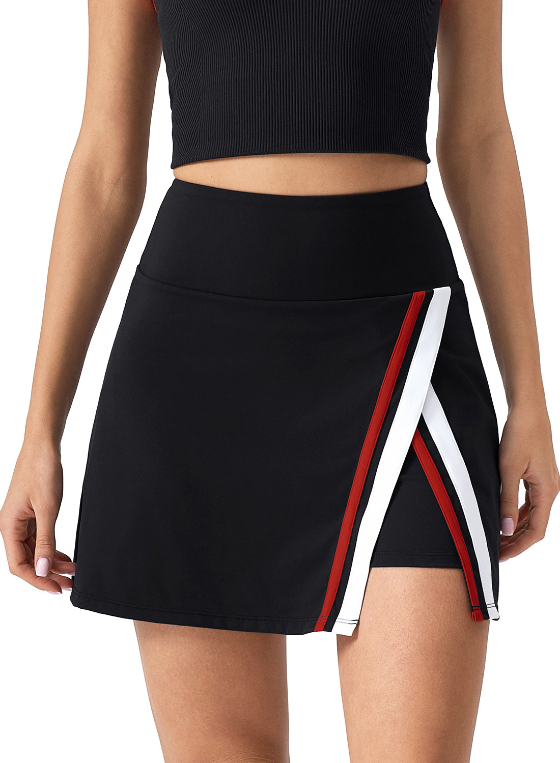 QINSEN Tennis Skirts for Women Side Slit A Line Athletic Skort High Waisted Golf Workout Skirt with Shorts Pockets