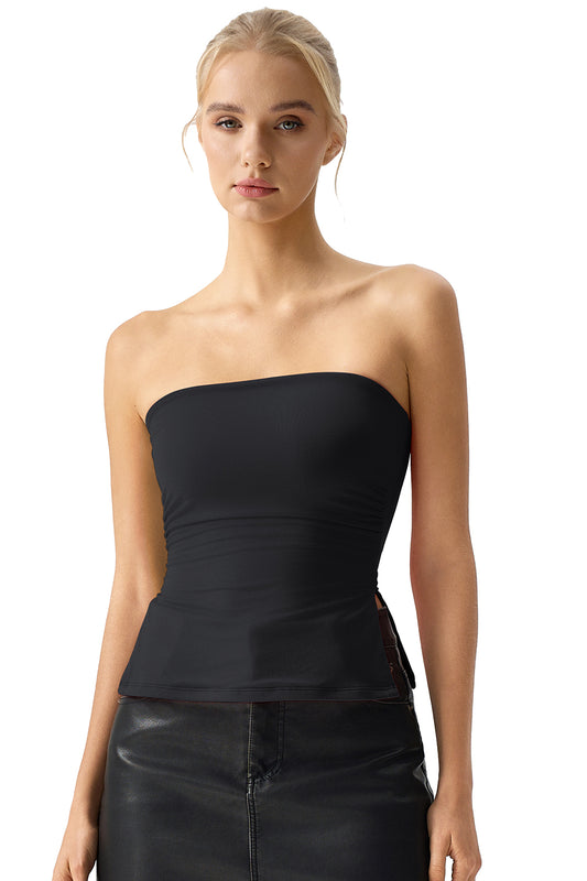 QINSEN Women's Tube Top Double Lined Side Split Strapless Bandeau Top Ruched Summer Going Out Tank Tops