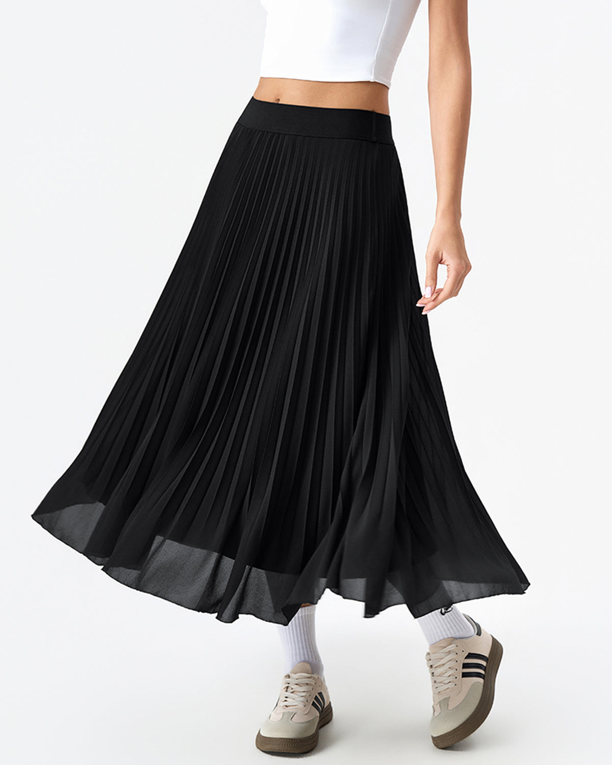 QINSEN Women's Elegant Flowy Pleated Chiffon Skirts A-line Swing Midi Skirts Elastic Waist Soft Linging