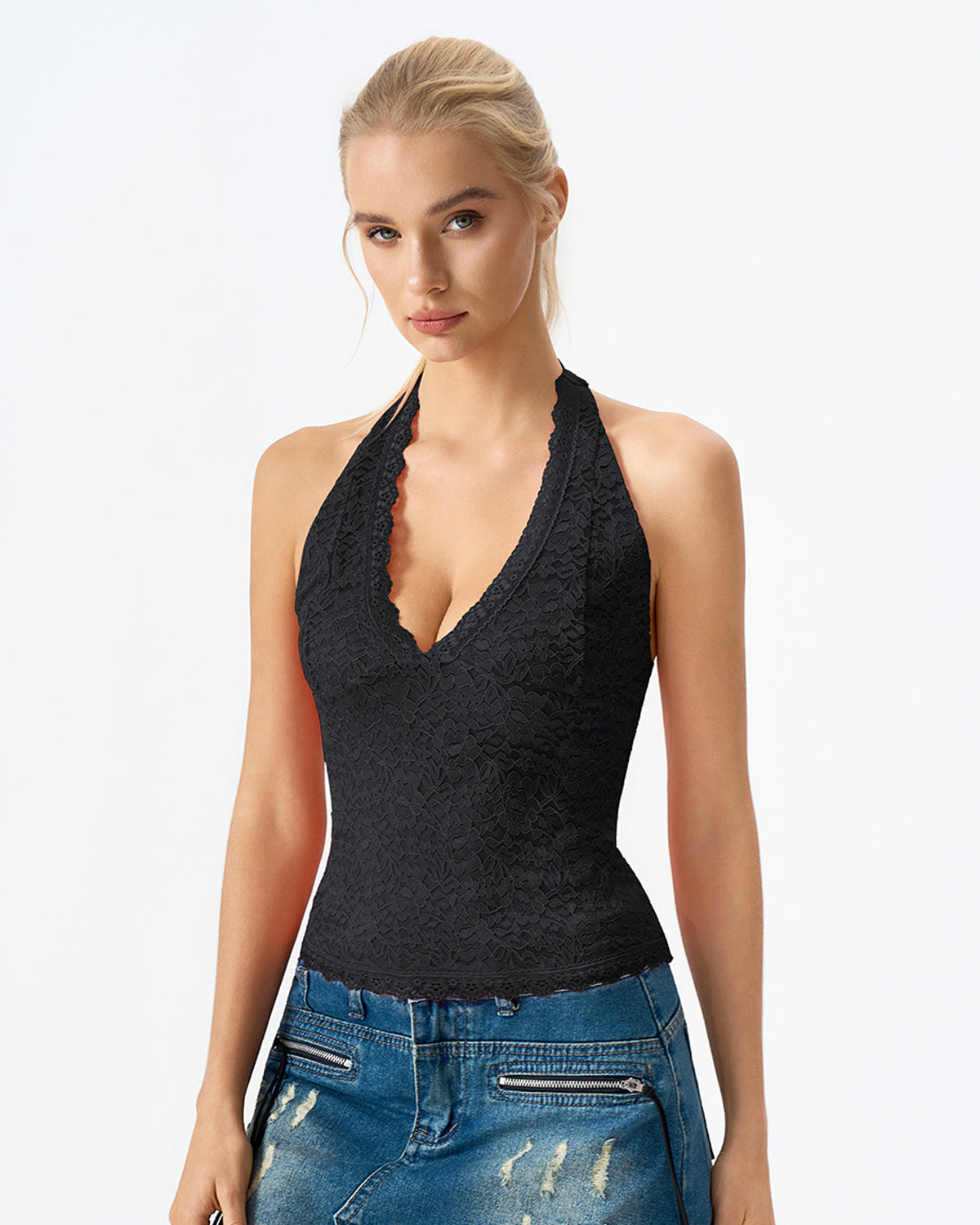 QINSEN Women's Lace Halter Top V Neck Tie Back Double-Layer Tank Top Backless Sleeveless Slim Fit Going Out Shirts