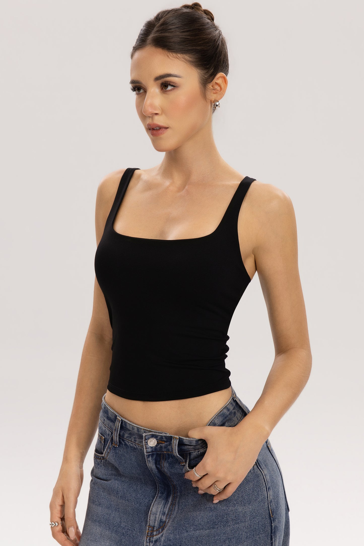 QINSEN Womens Tank Tops with Built in Bras Square Neck Double Lined Basic Sleeveless Workout Tops