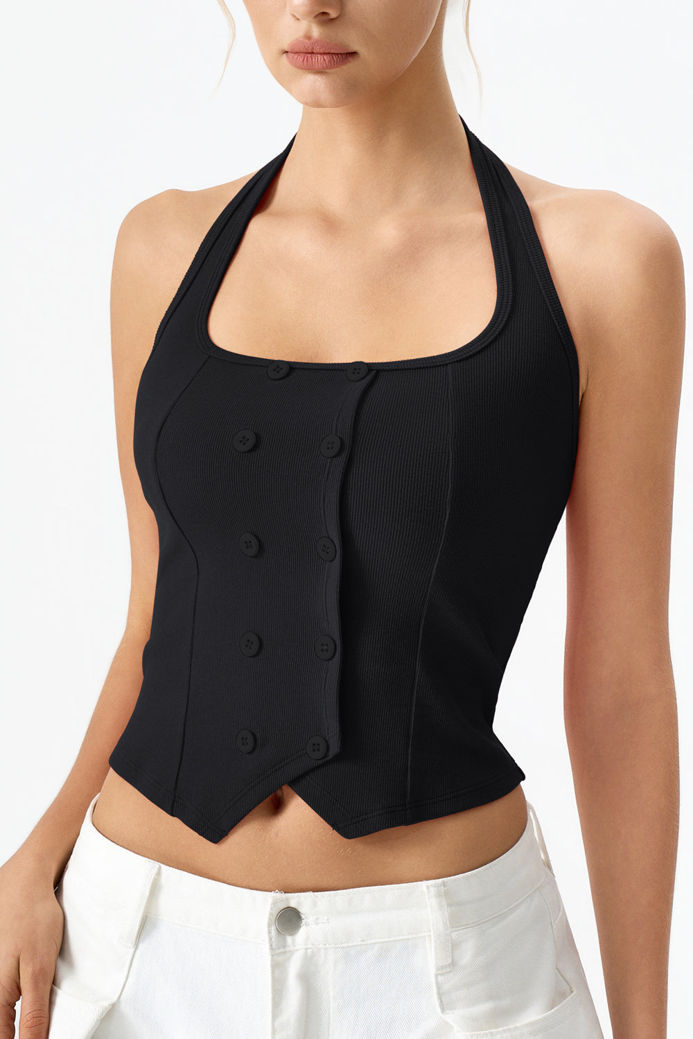 QINSEN Sleeveless Tank Top for Womens Halter Neck Button Trim Slim Fit Cropped Tee Shirt Y2k Vest Top