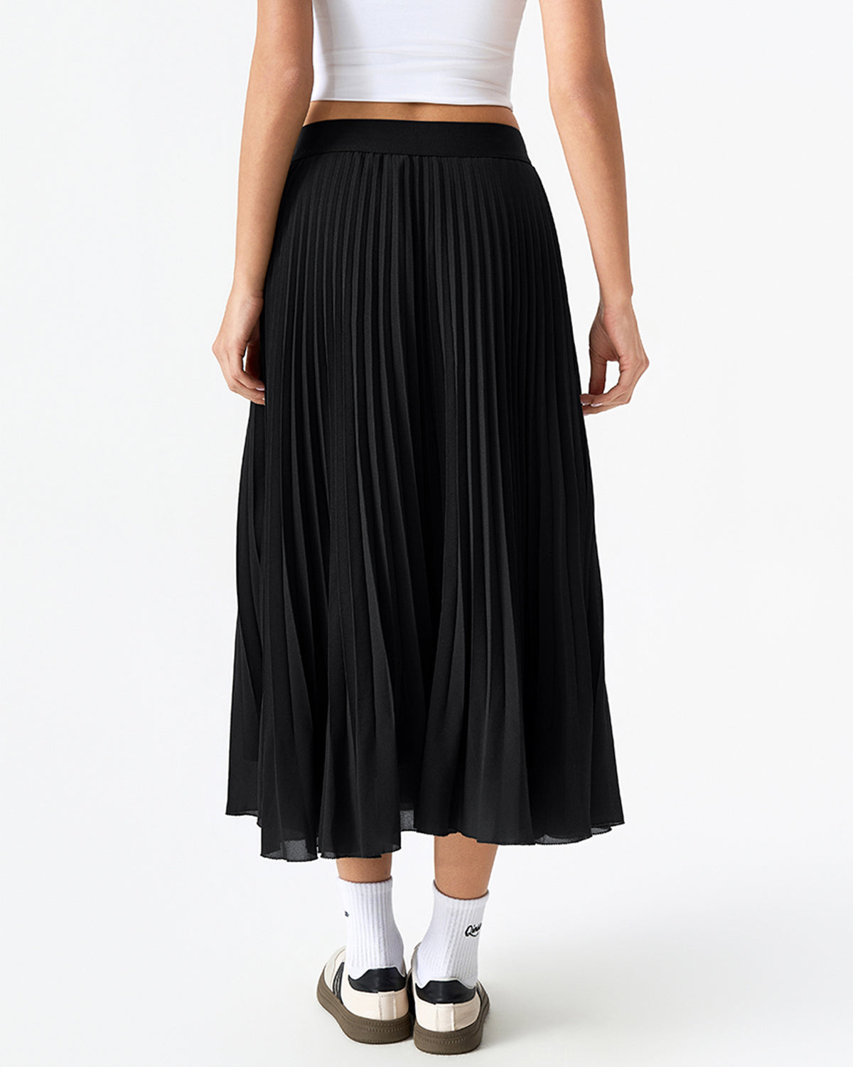 QINSEN Women's Elegant Flowy Pleated Chiffon Skirts A-line Swing Midi Skirts Elastic Waist Soft Linging