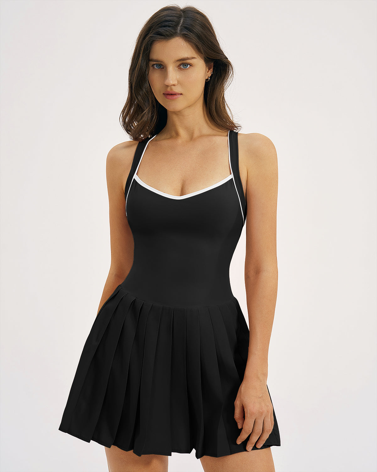 QINSEN Womens V Neck Pleated Tennis Dresses Built in Shorts Cross Back Sleeveless Athletic Dress with Pockets