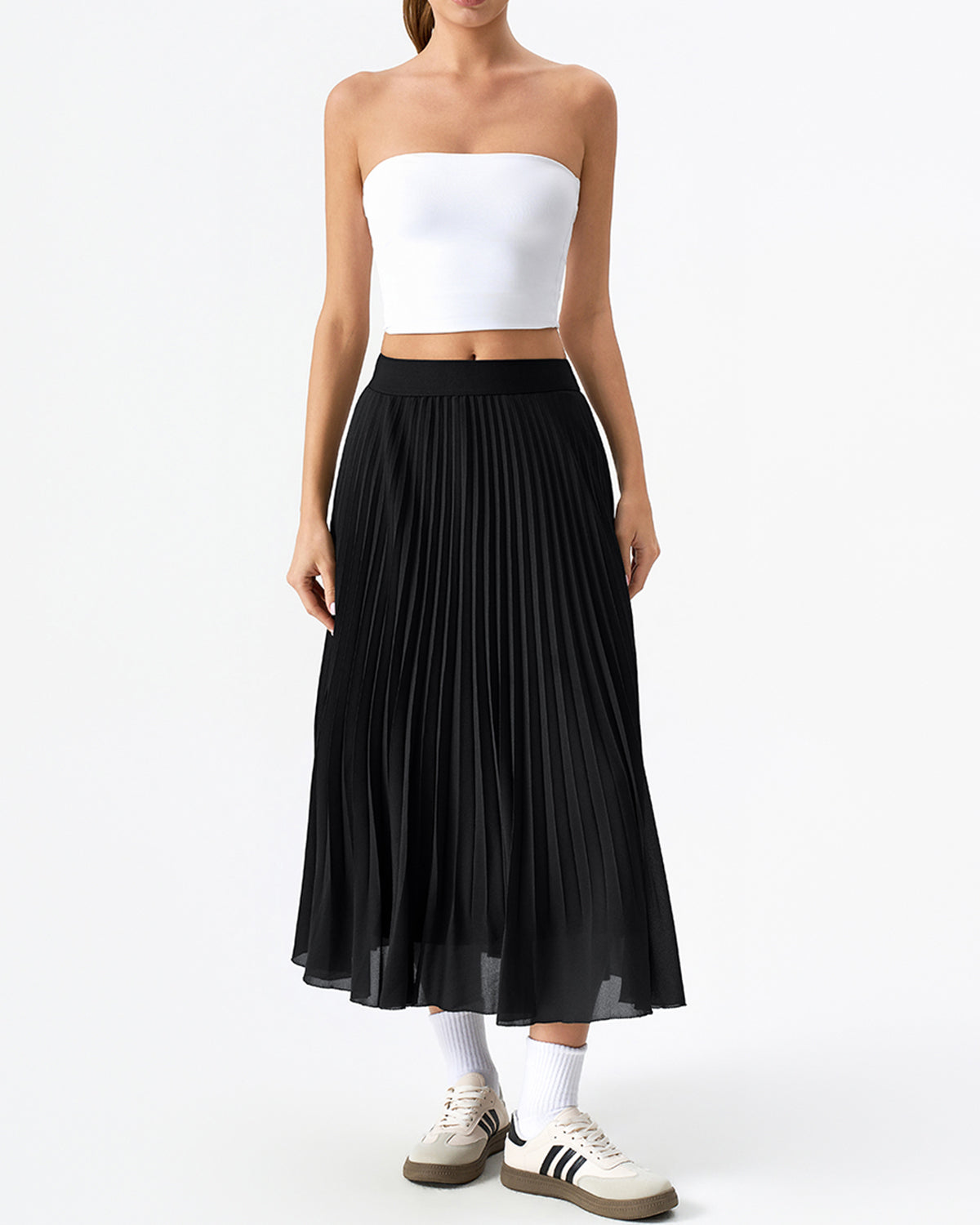 QINSEN Women's Elegant Flowy Pleated Chiffon Skirts A-line Swing Midi Skirts Elastic Waist Soft Linging