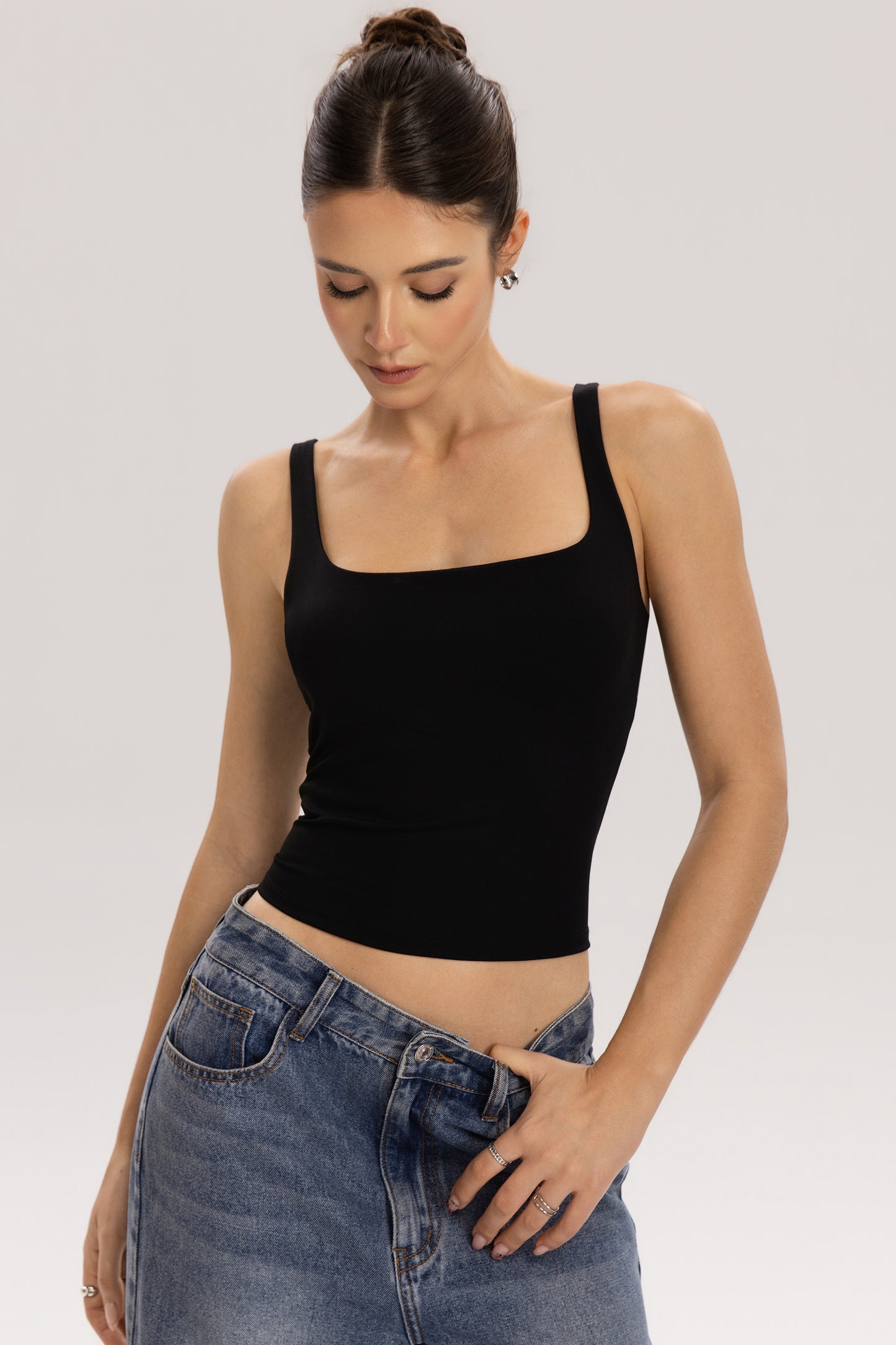 QINSEN Womens Tank Tops with Built in Bras Square Neck Double Lined Basic Sleeveless Workout Tops