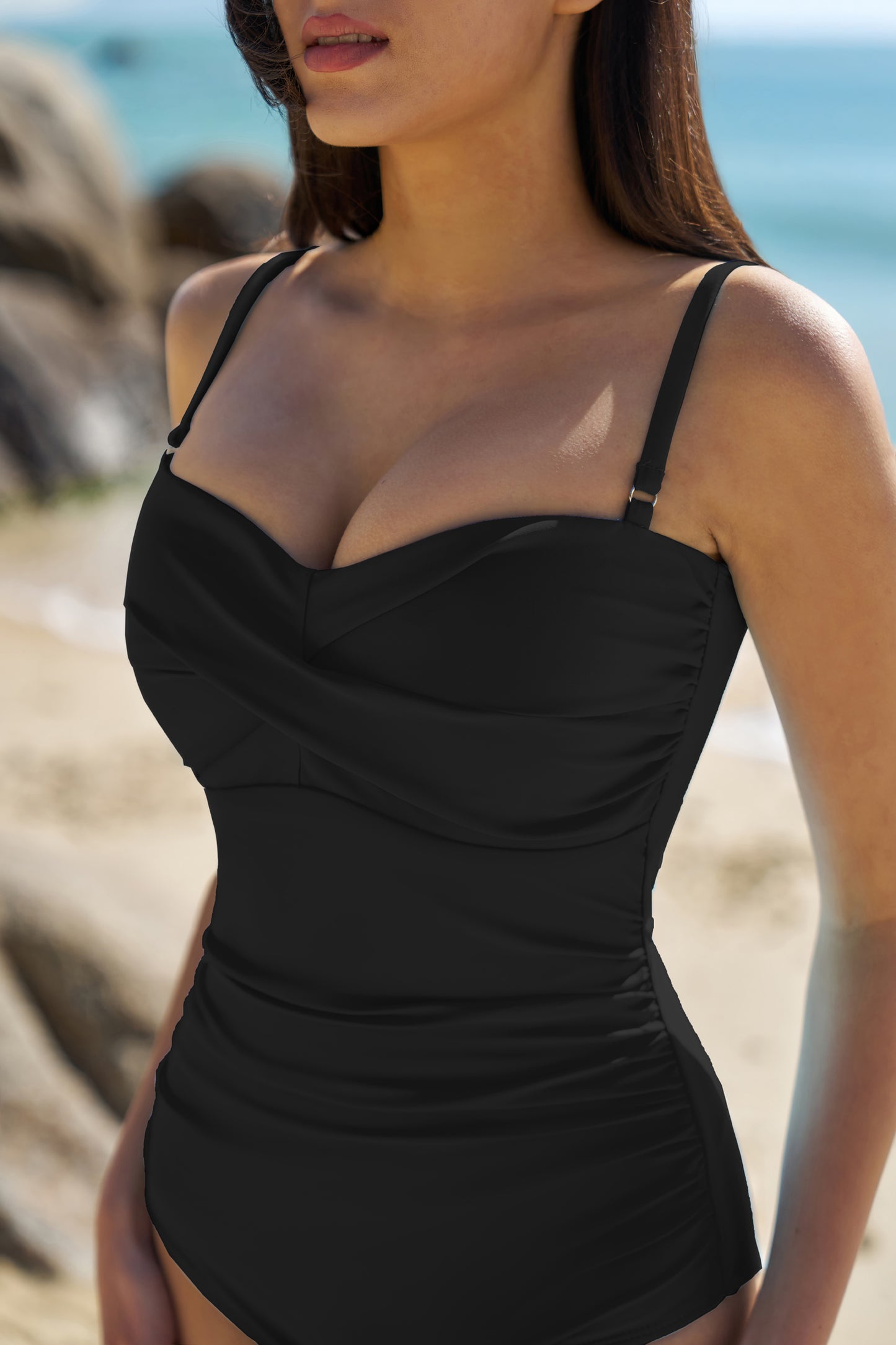 QINSEN Women's Spagetti Strap Ruched One Piece Swimsuit Retro Tummy Control Bathing Suit