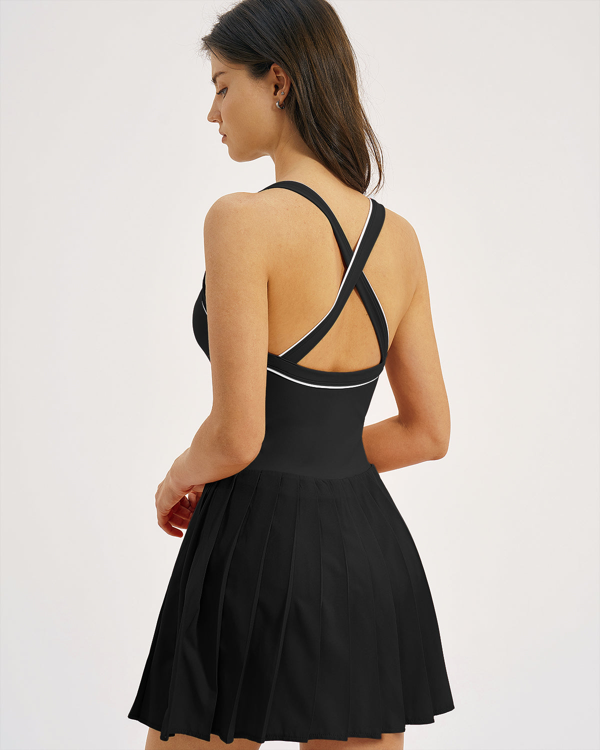 QINSEN Womens V Neck Pleated Tennis Dresses Built in Shorts Cross Back Sleeveless Athletic Dress with Pockets