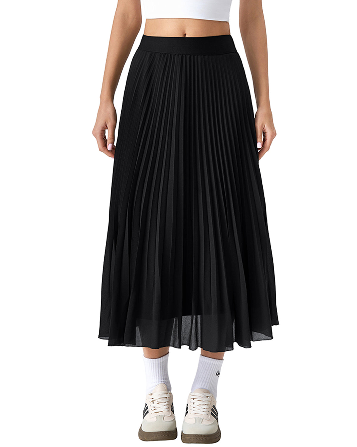 QINSEN Women's Elegant Flowy Pleated Chiffon Skirts A-line Swing Midi Skirts Elastic Waist Soft Linging