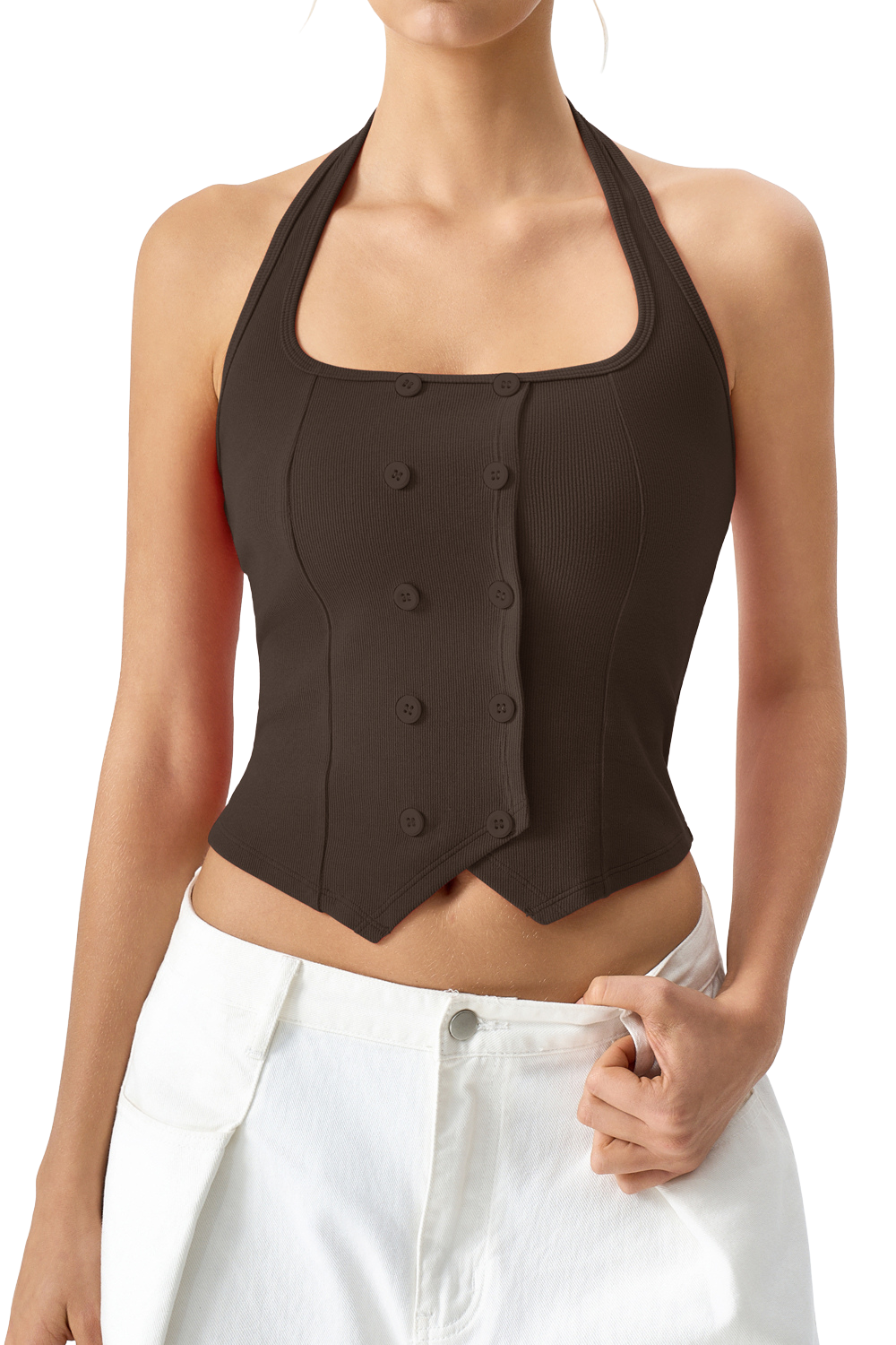 QINSEN Sleeveless Tank Top for Womens Halter Neck Button Trim Slim Fit Cropped Tee Shirt Y2k Vest Top