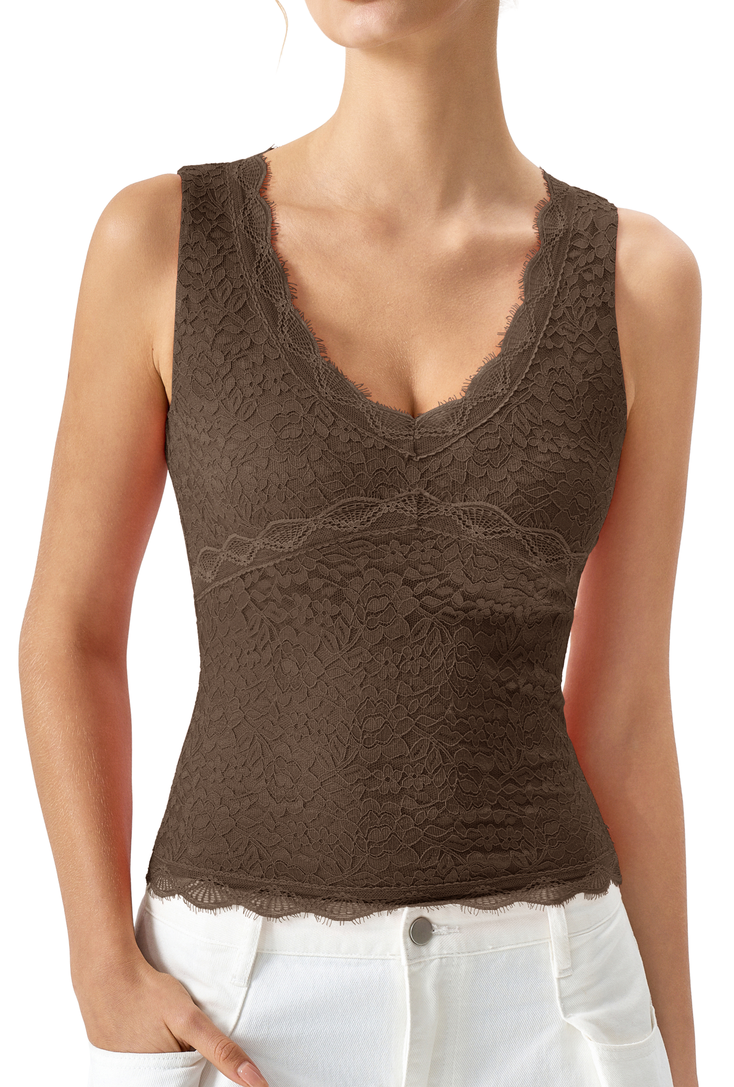 QINSEN Womens Lace Trim Tank Top V Neck Double Layered Basics Slimming Fit Going Out Summer Tops