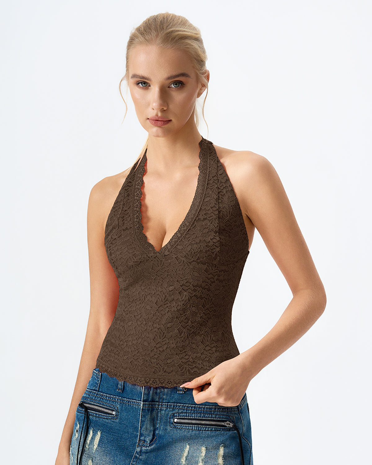 QINSEN Women's Lace Halter Top V Neck Tie Back Double-Layer Tank Top Backless Sleeveless Slim Fit Going Out Shirts