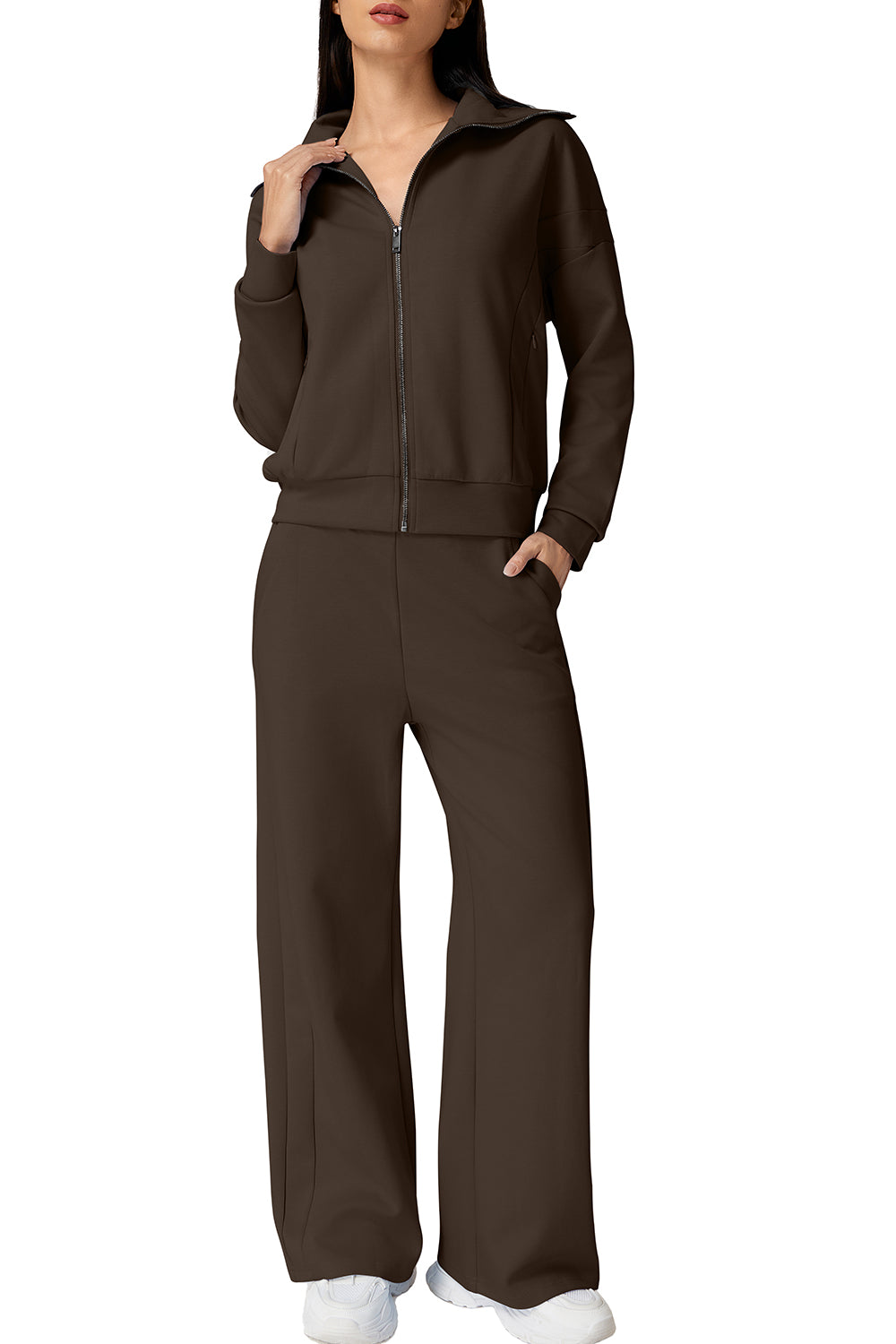 QINSEN Women's Cotton 2 Piece Outfits Lapel Long Sleeve Zip Up Sweatshirt Wide Leg Pants Matching Tracksuit Sets