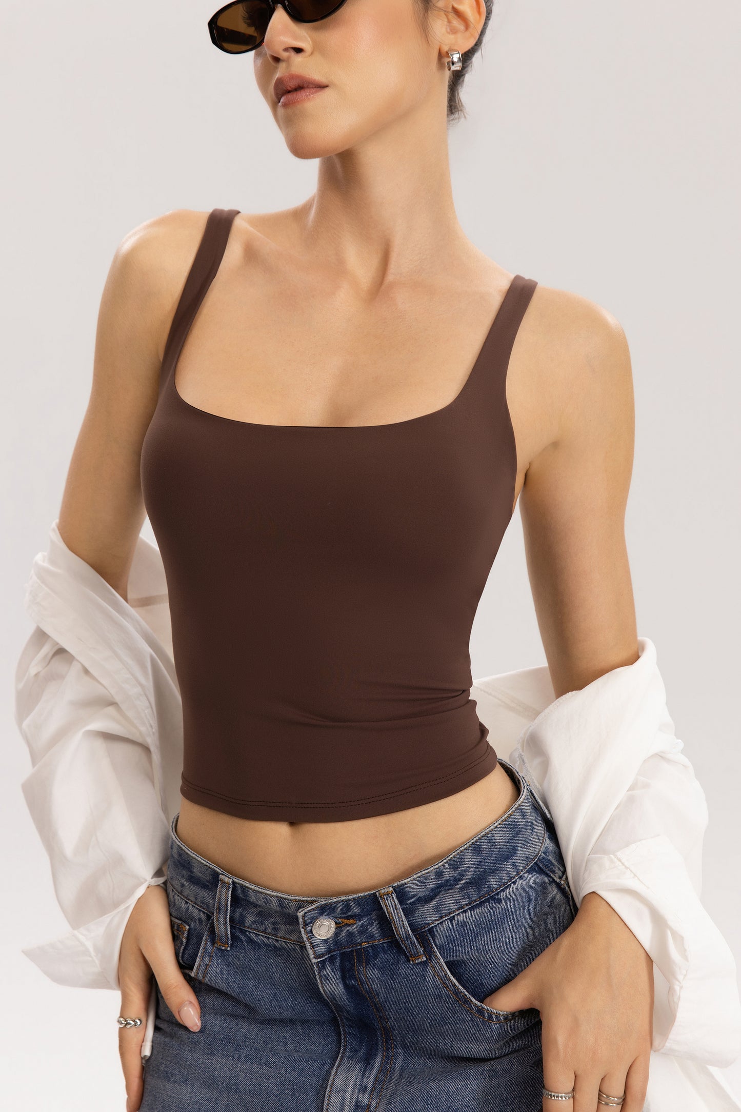 QINSEN Womens Tank Tops with Built in Bras Square Neck Double Lined Basic Sleeveless Workout Tops