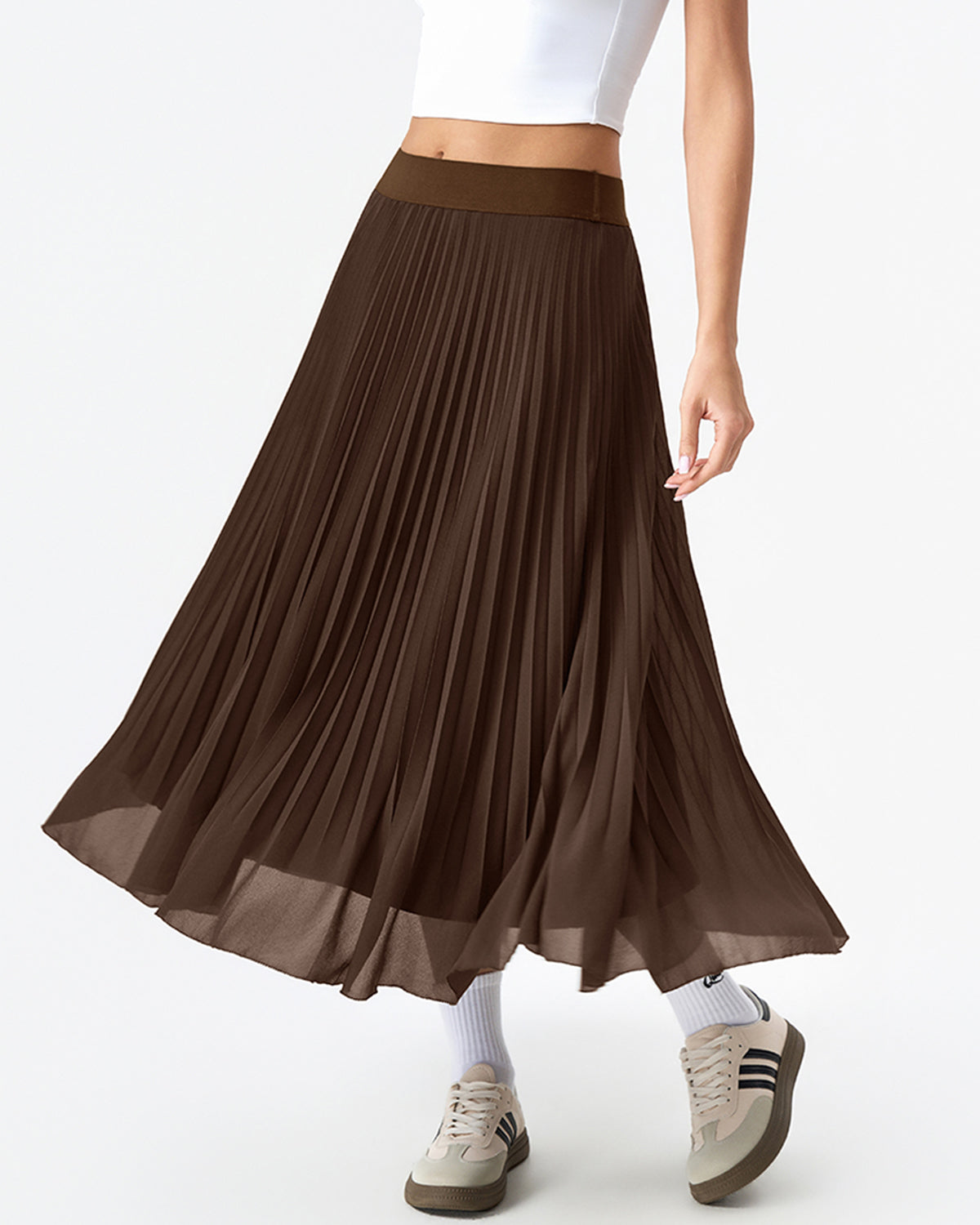 QINSEN Women's Elegant Flowy Pleated Chiffon Skirts A-line Swing Midi Skirts Elastic Waist Soft Linging
