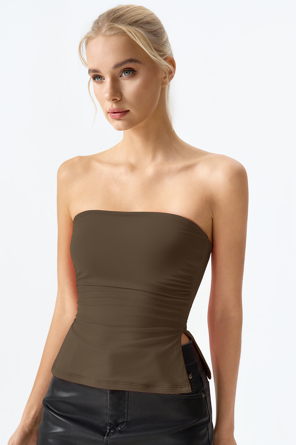 QINSEN Women's Tube Top Double Lined Side Split Strapless Bandeau Top Ruched Summer Going Out Tank Tops