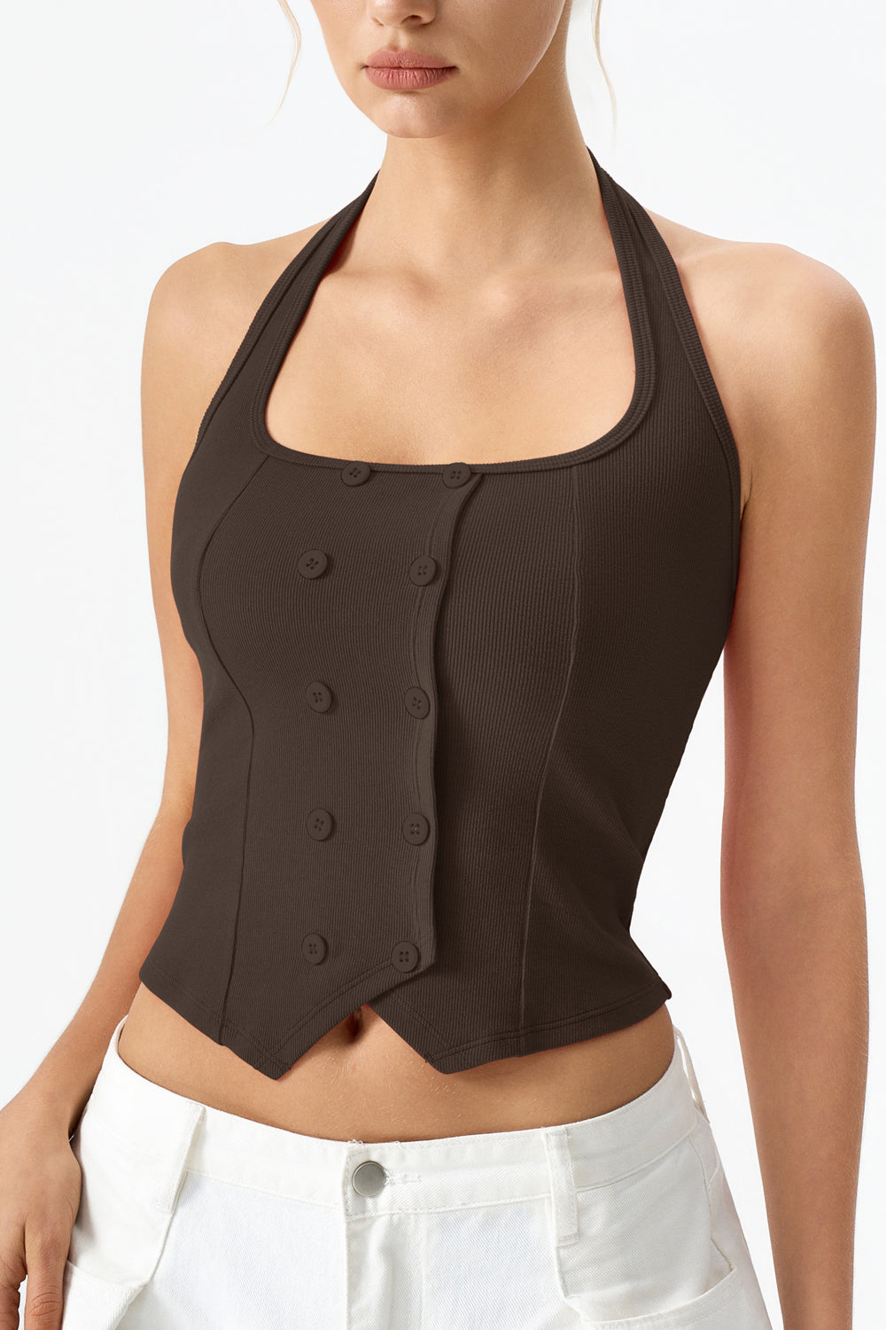 QINSEN Sleeveless Tank Top for Womens Halter Neck Button Trim Slim Fit Cropped Tee Shirt Y2k Vest Top