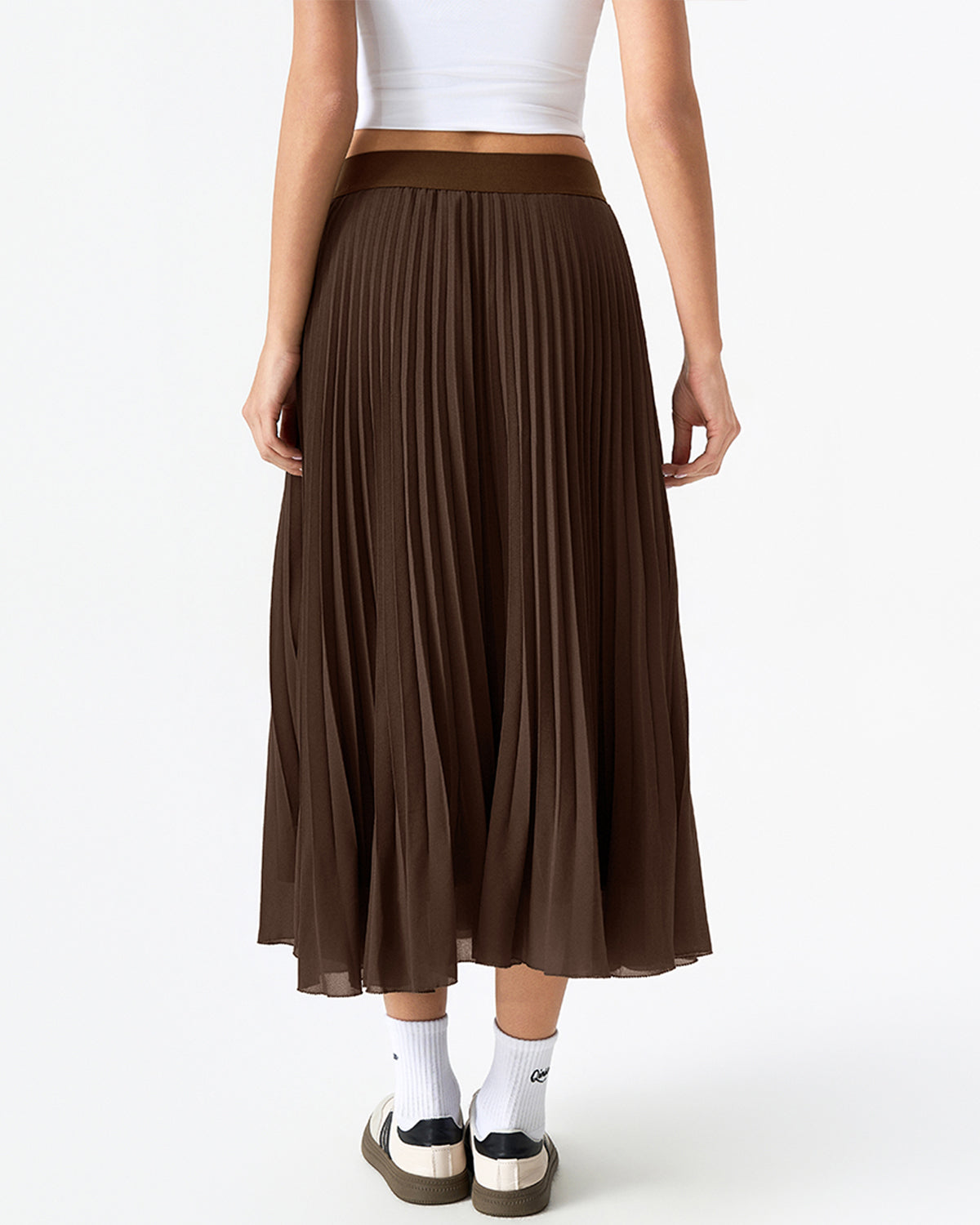 QINSEN Women's Elegant Flowy Pleated Chiffon Skirts A-line Swing Midi Skirts Elastic Waist Soft Linging