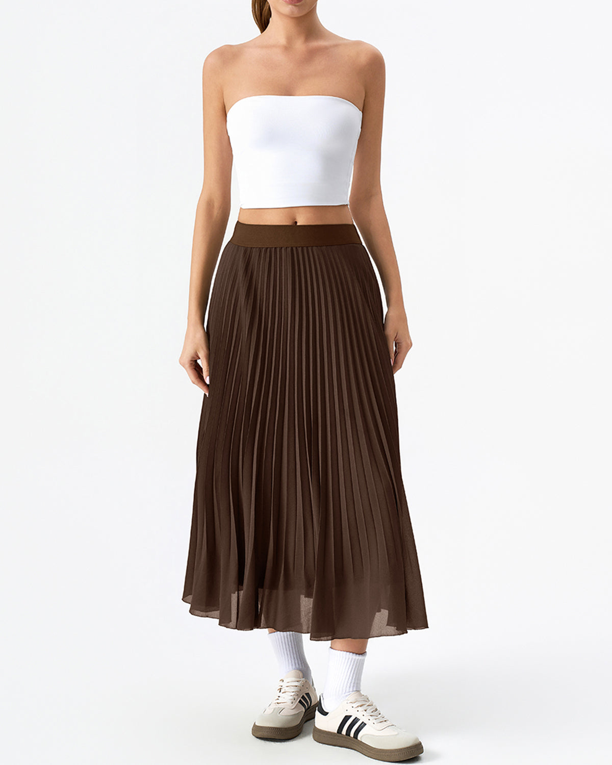 QINSEN Women's Elegant Flowy Pleated Chiffon Skirts A-line Swing Midi Skirts Elastic Waist Soft Linging