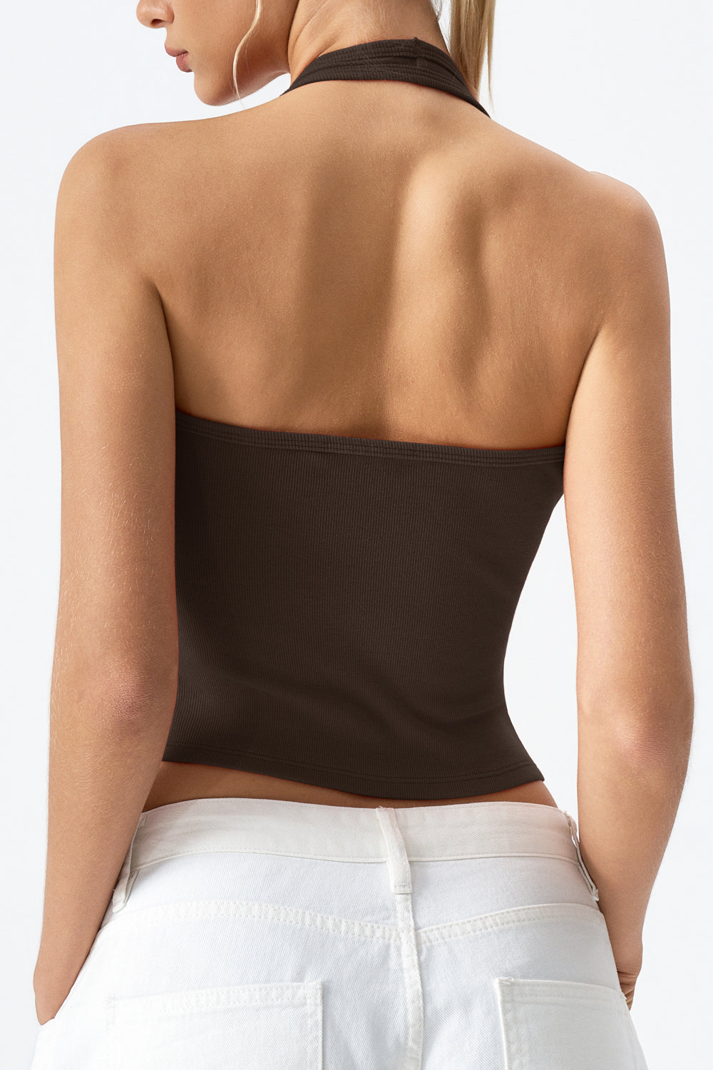 QINSEN Sleeveless Tank Top for Womens Halter Neck Button Trim Slim Fit Cropped Tee Shirt Y2k Vest Top