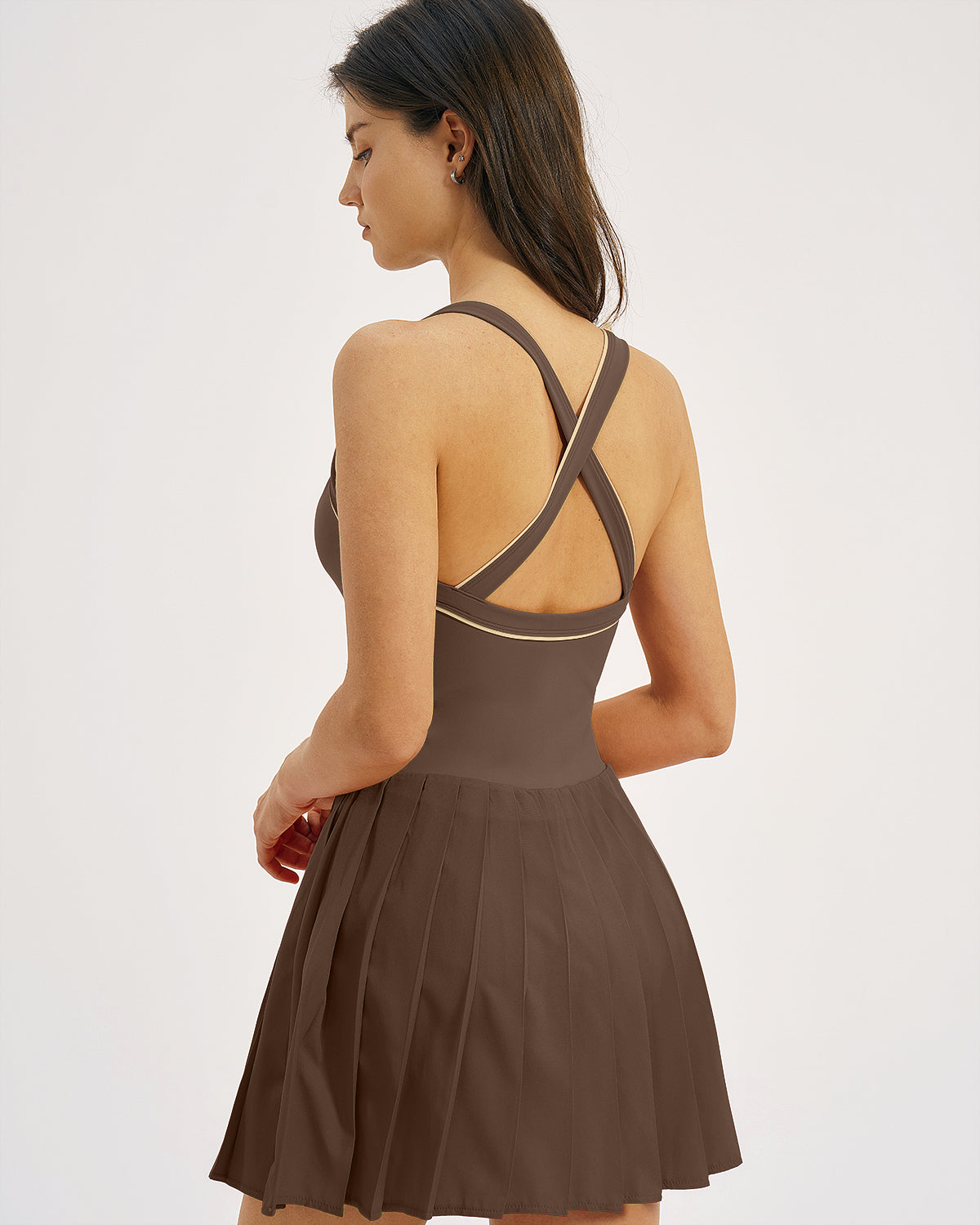 QINSEN Womens V Neck Pleated Tennis Dresses Built in Shorts Cross Back Sleeveless Athletic Dress with Pockets