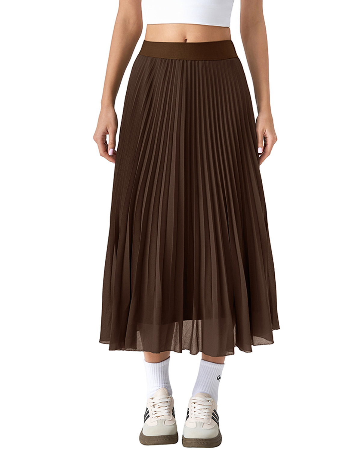 QINSEN Women's Elegant Flowy Pleated Chiffon Skirts A-line Swing Midi Skirts Elastic Waist Soft Linging