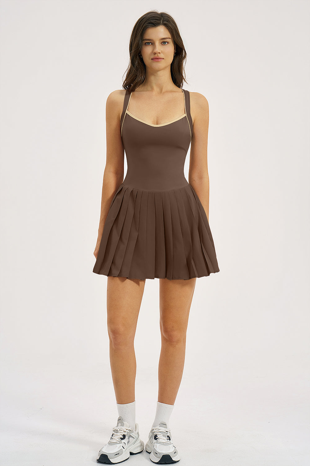 QINSEN Womens V Neck Pleated Tennis Dresses Built in Shorts Cross Back Sleeveless Athletic Dress with Pockets
