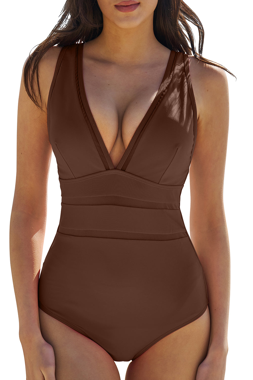 QINSEN Women's One Piece Swimsuit Mesh V Neck Tummy Control Bathing Suit High Waisted Slimming Retro Swimwear