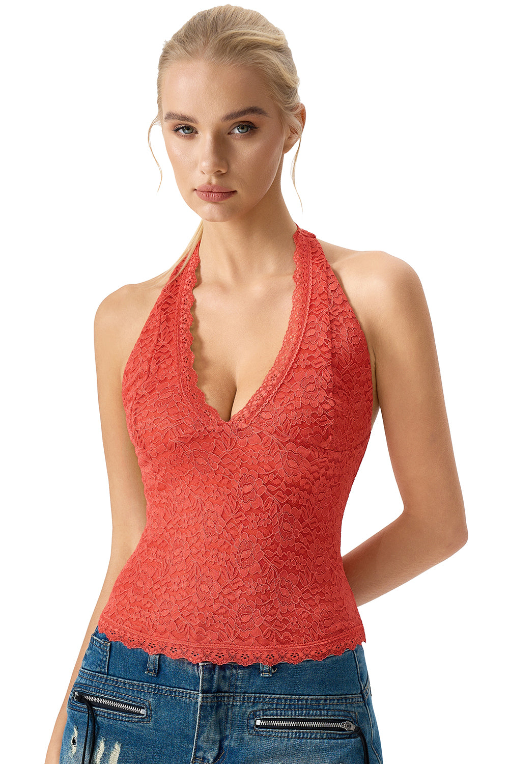 QINSEN Women's Lace Halter Top V Neck Tie Back Double-Layer Tank Top Backless Sleeveless Slim Fit Going Out Shirts