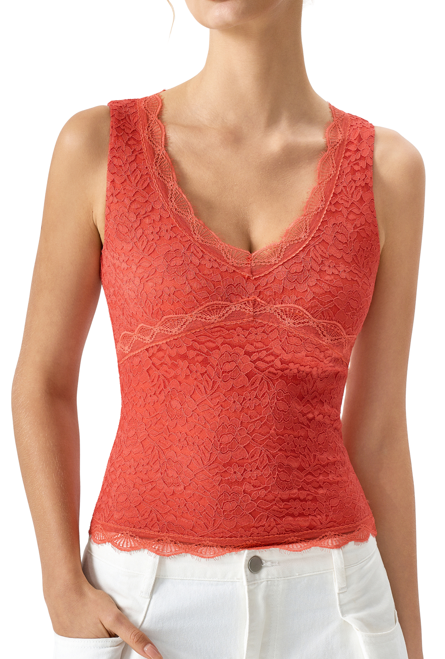 QINSEN Womens Lace Trim Tank Top V Neck Double Layered Basics Slimming Fit Going Out Summer Tops