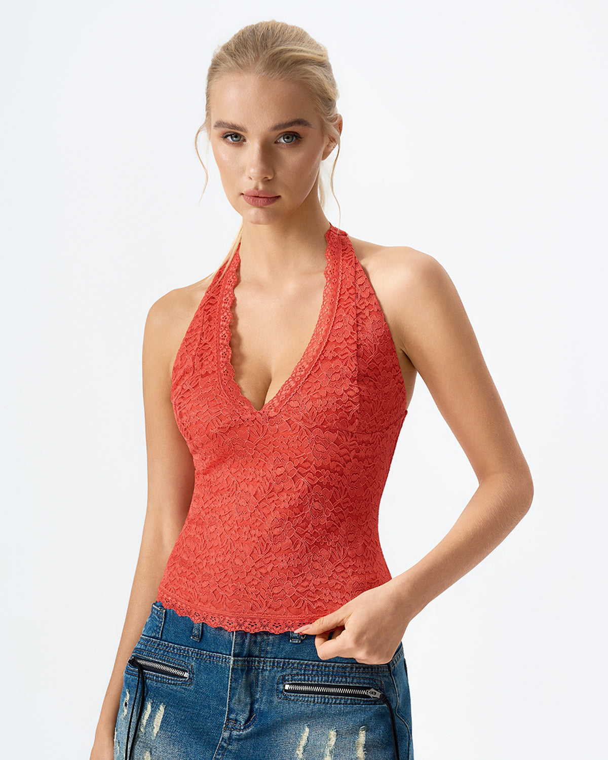 QINSEN Women's Lace Halter Top V Neck Tie Back Double-Layer Tank Top Backless Sleeveless Slim Fit Going Out Shirts