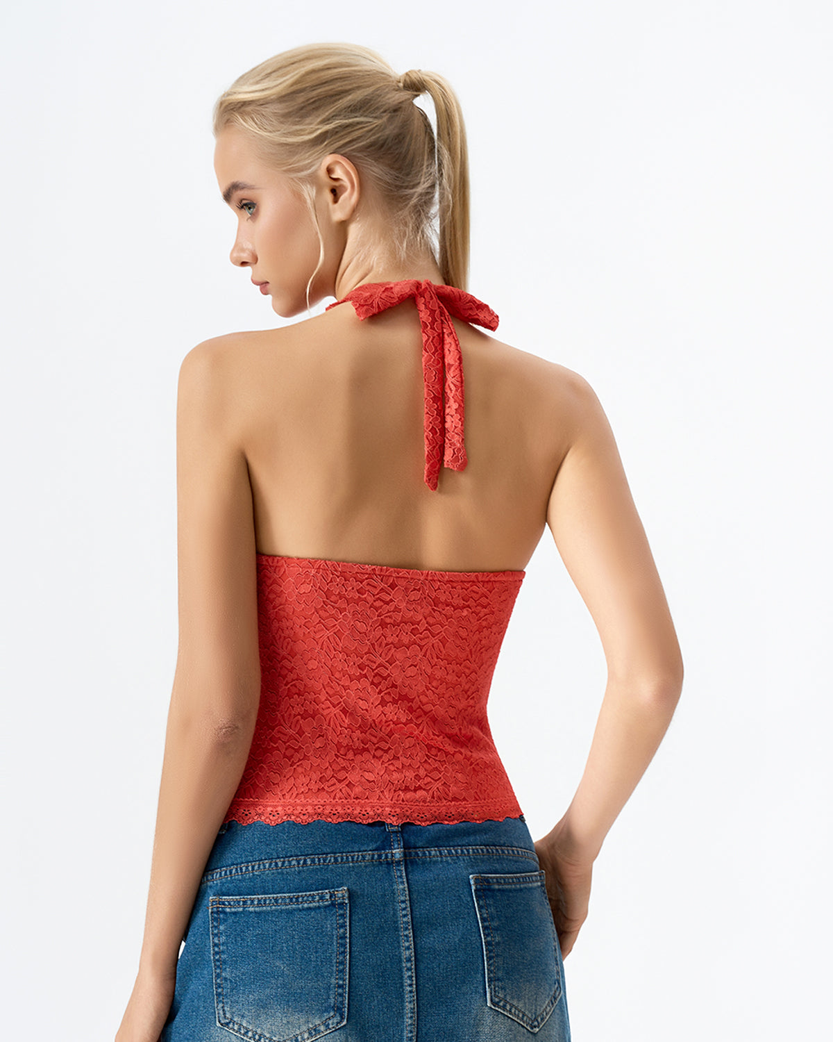 QINSEN Women's Lace Halter Top V Neck Tie Back Double-Layer Tank Top Backless Sleeveless Slim Fit Going Out Shirts