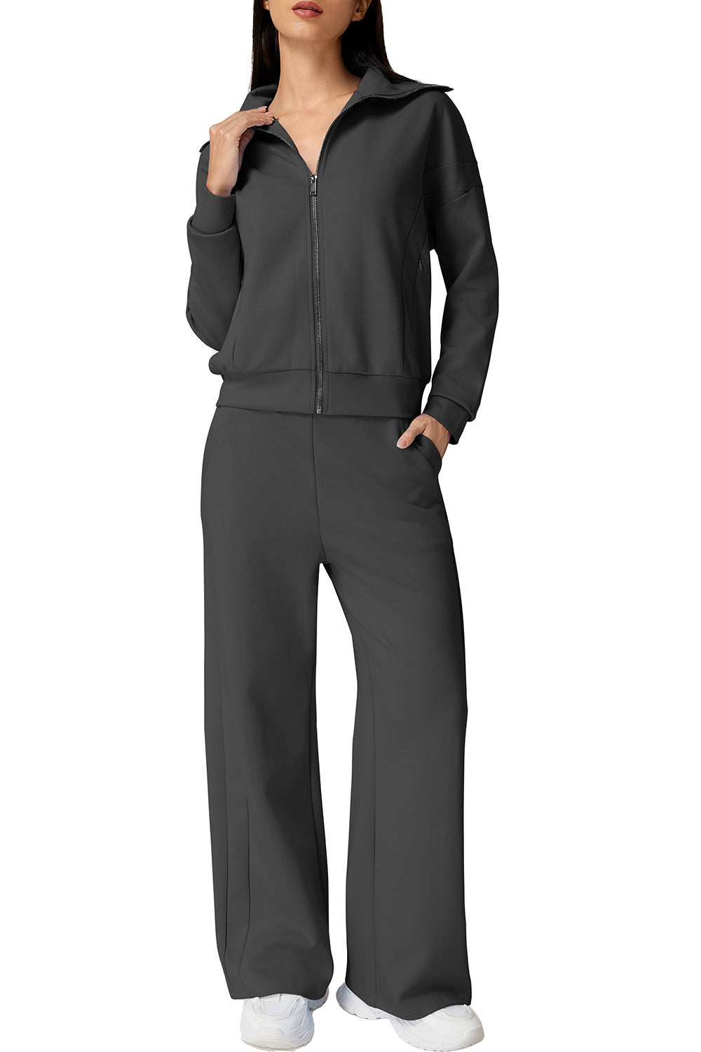 QINSEN Women's Cotton 2 Piece Outfits Lapel Long Sleeve Zip Up Sweatshirt Wide Leg Pants Matching Tracksuit Sets