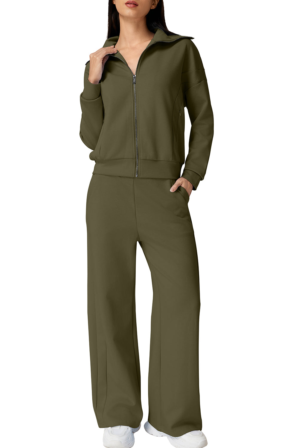 QINSEN Women's Cotton 2 Piece Outfits Lapel Long Sleeve Zip Up Sweatshirt Wide Leg Pants Matching Tracksuit Sets