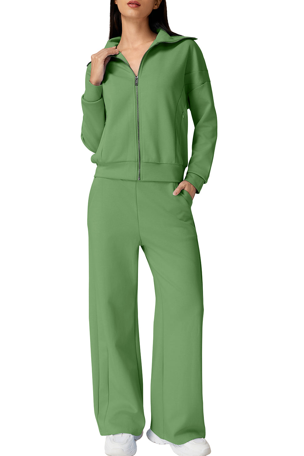 QINSEN Women's Cotton 2 Piece Outfits Lapel Long Sleeve Zip Up Sweatshirt Wide Leg Pants Matching Tracksuit Sets