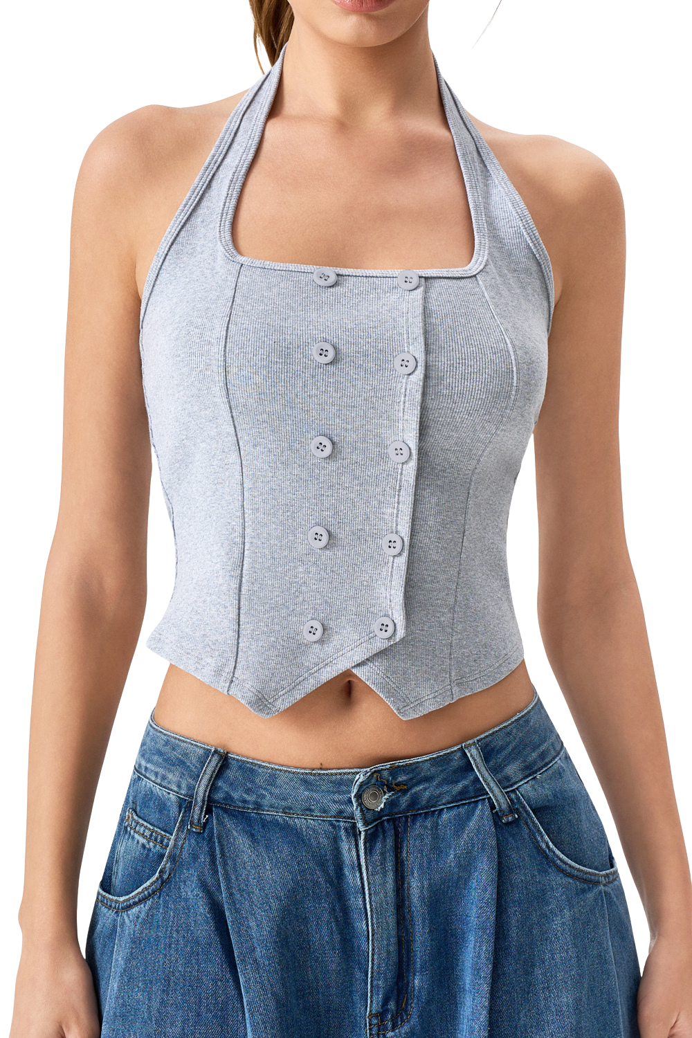 QINSEN Sleeveless Tank Top for Womens Halter Neck Button Trim Slim Fit Cropped Tee Shirt Y2k Vest Top