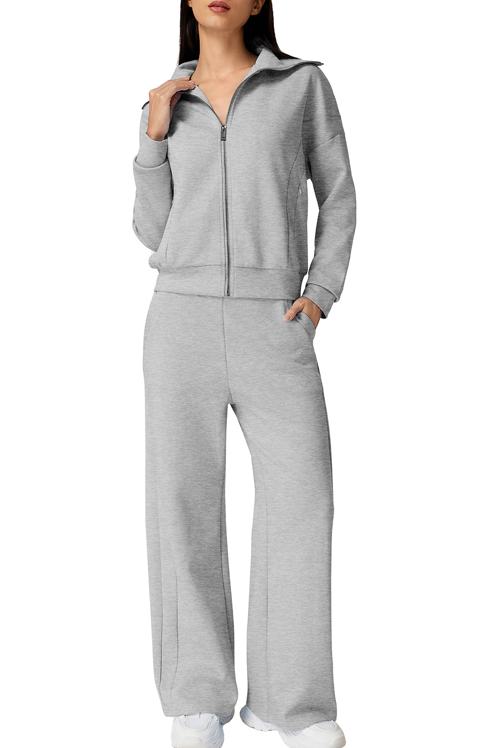 QINSEN Women's Cotton 2 Piece Outfits Lapel Long Sleeve Zip Up Sweatshirt Wide Leg Pants Matching Tracksuit Sets