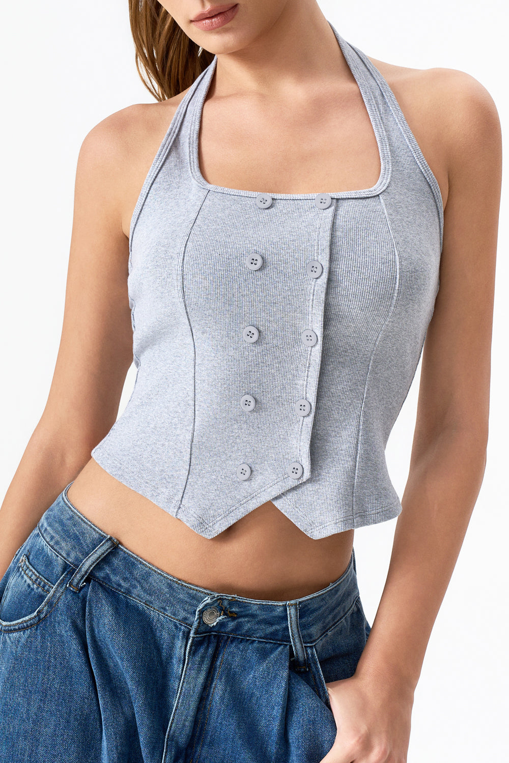 QINSEN Sleeveless Tank Top for Womens Halter Neck Button Trim Slim Fit Cropped Tee Shirt Y2k Vest Top