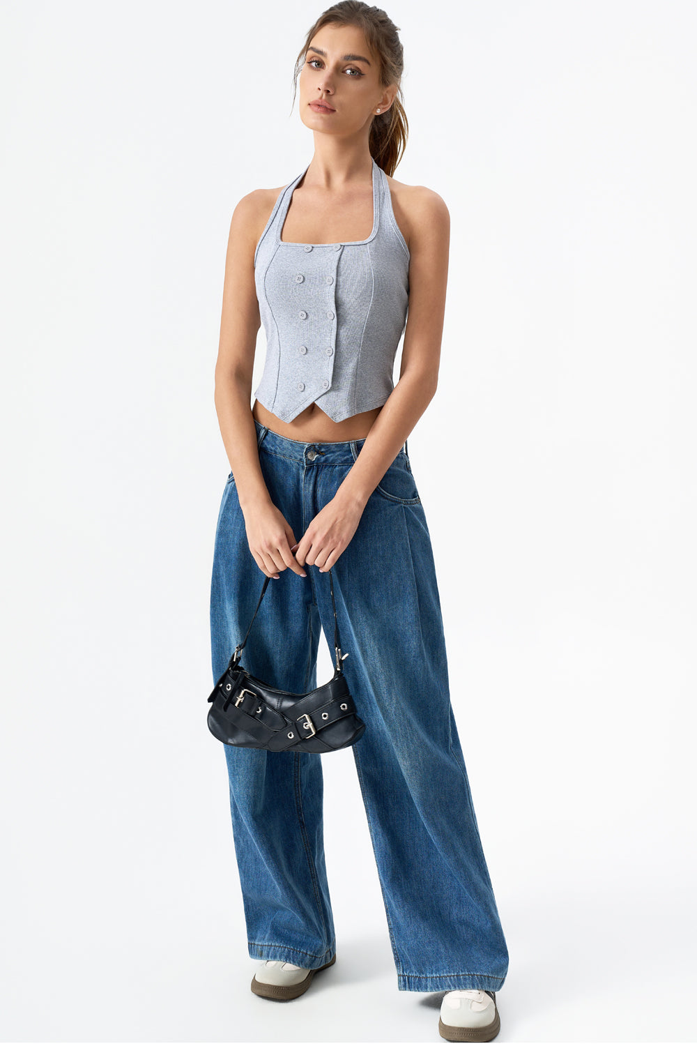 QINSEN Sleeveless Tank Top for Womens Halter Neck Button Trim Slim Fit Cropped Tee Shirt Y2k Vest Top