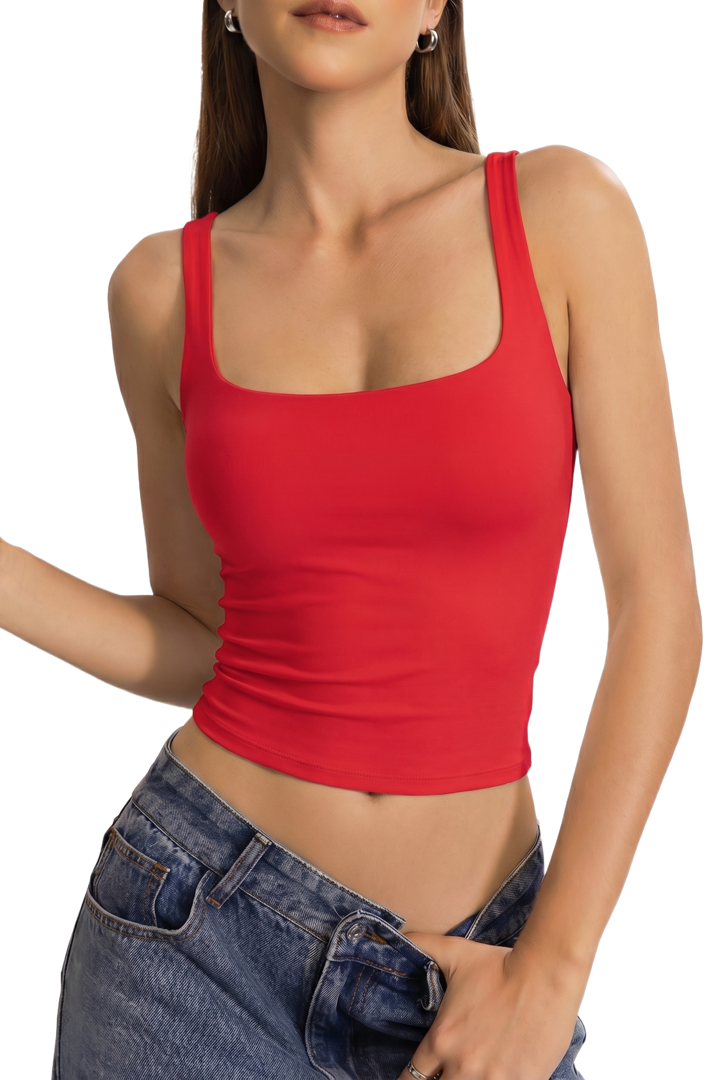 QINSEN Womens Tank Tops with Built in Bras Square Neck Double Lined Basic Sleeveless Workout Tops
