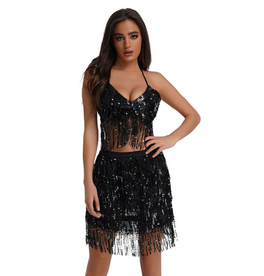 QINSEN Women's Glitter Sequin Tassel Skirt and Halter Crop Top Latin Belly Dance Costume