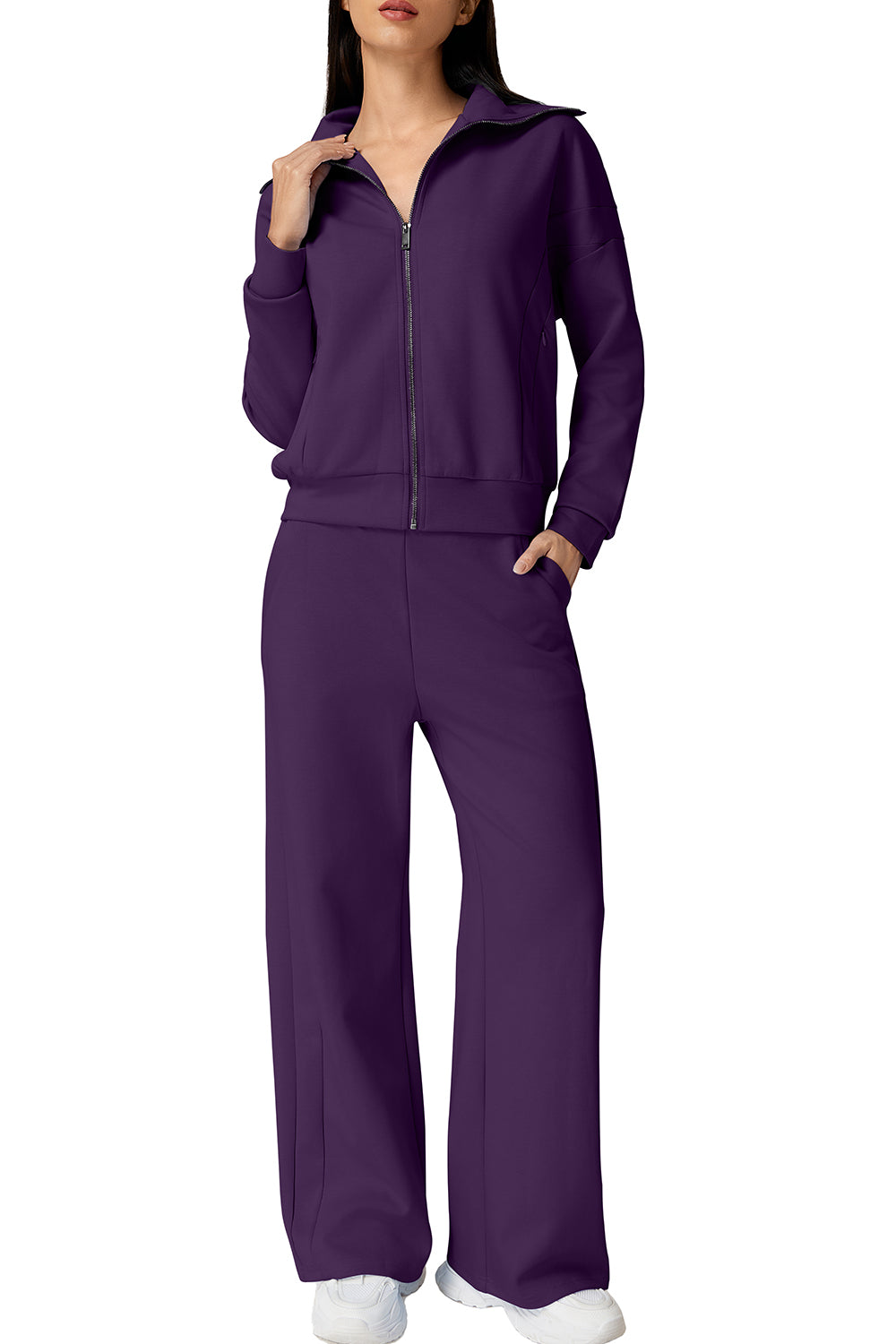 QINSEN Women's Cotton 2 Piece Outfits Lapel Long Sleeve Zip Up Sweatshirt Wide Leg Pants Matching Tracksuit Sets