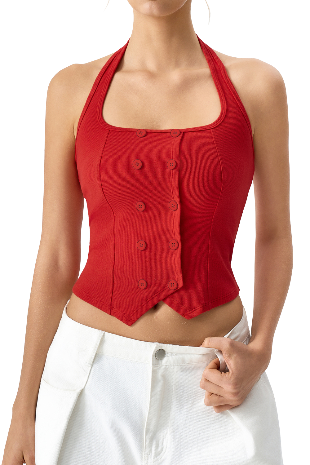 QINSEN Sleeveless Tank Top for Womens Halter Neck Button Trim Slim Fit Cropped Tee Shirt Y2k Vest Top